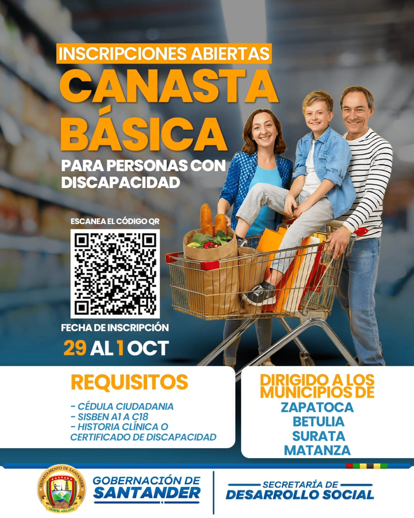 Ya puedes inscribirte: Gobernación de Santander entregará canasta básica a personas con discapacidad imagen de la publicación