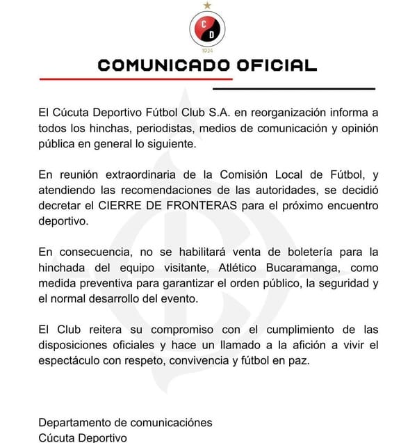 Cierre de fronteras para el Clásico del Oriente imagen de la publicación