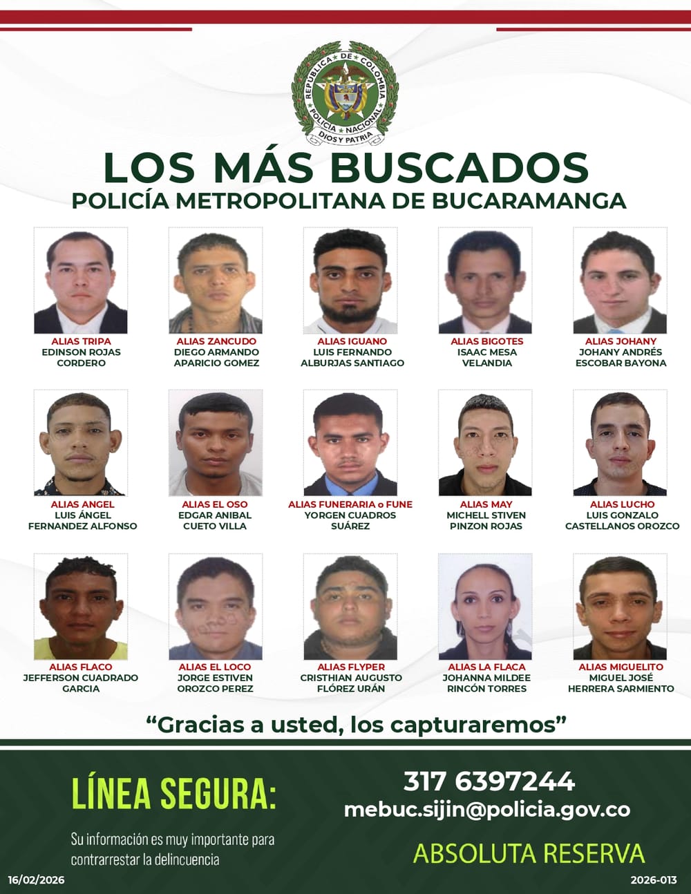 Bolsa de 200 millones de pesos por informes de los 15 más buscados en Bucaramanga imagen de la publicación