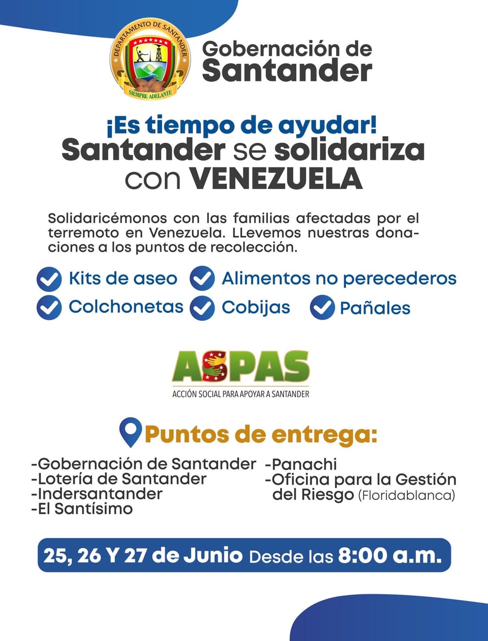 Santander inicia campaña de ayudas para damnificados por terremoto en Venezuela imagen de la publicación