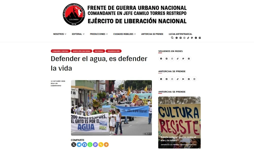 ELN se proclama defensor del agua mientras crecen las denuncias por minería ilegal de oro en Santurbán