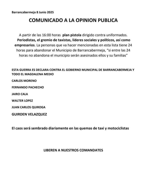 Ultimátum criminal a toda la población en Barrancabermeja