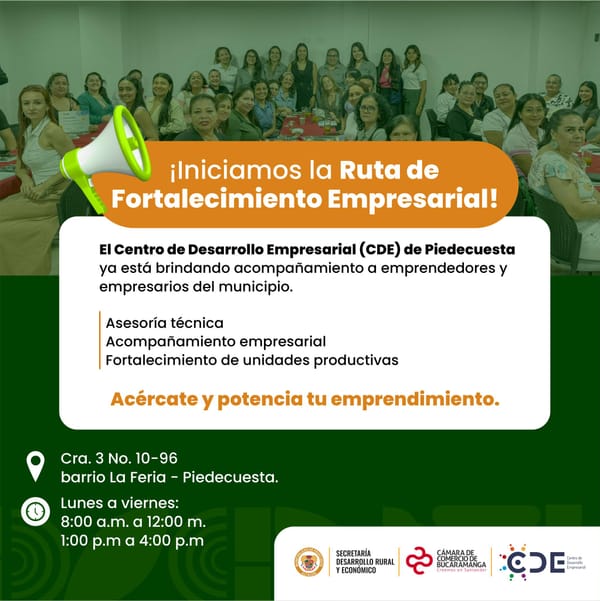 Ruta de Fortalecimiento Empresarial para impulsar emprendimientos locales en Piedecuesta