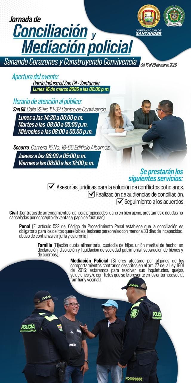 Policía invita a jornada de conciliación y mediación en San Gil y El Socorro imagen de la publicación
